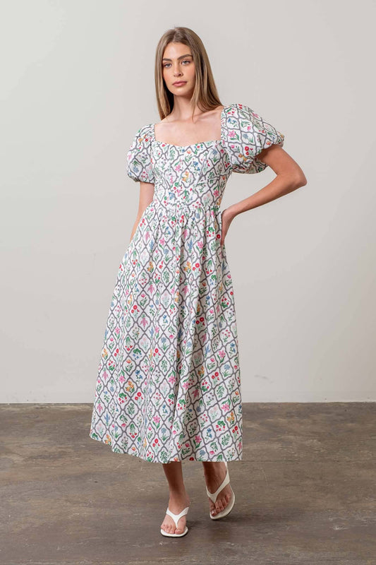 FLORAL BOUQUET PUFF SLEEVE CORSET MIDI DRESS