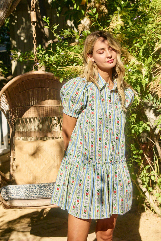 FLORAL BUTTON DOWN MINI DRESS - 6019D