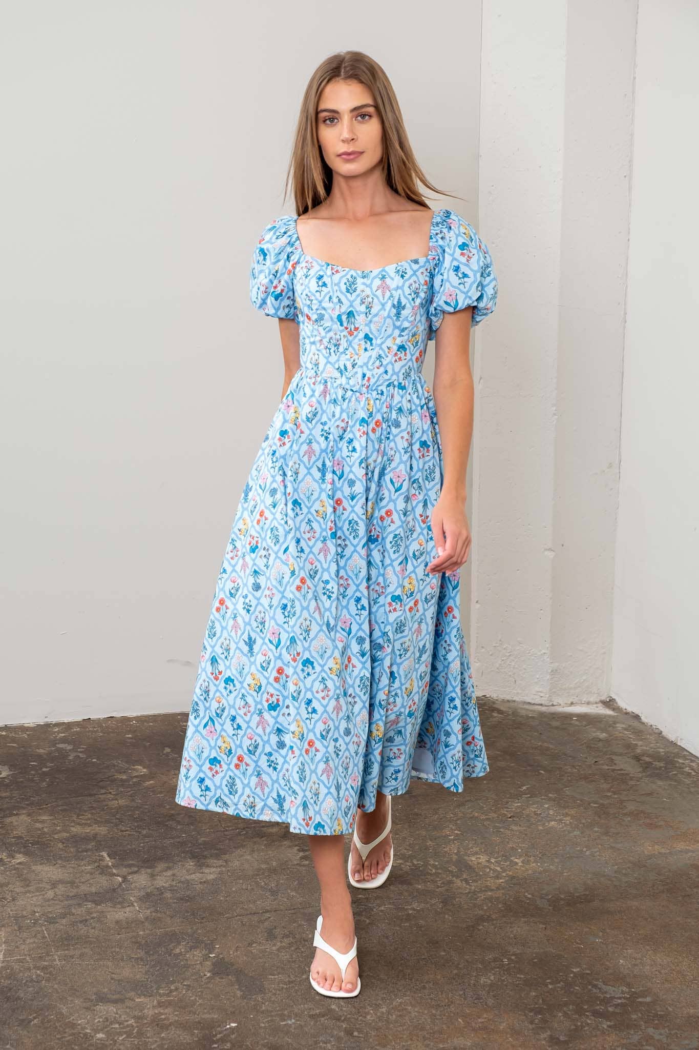 FLORAL BOUQUET PUFF SLEEVE CORSET MIDI DRESS