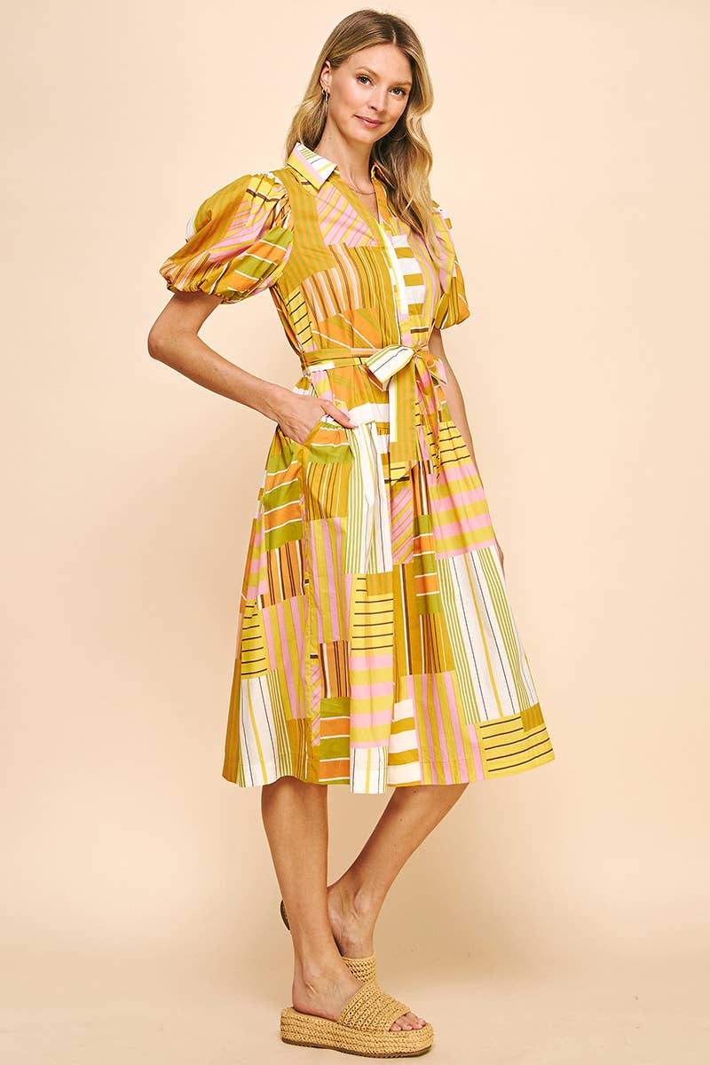 PRINT SS MIDI DRESS - YELLOW MULTI
