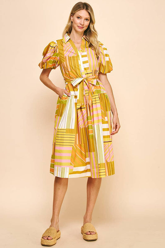 PRINT SS MIDI DRESS - YELLOW MULTI