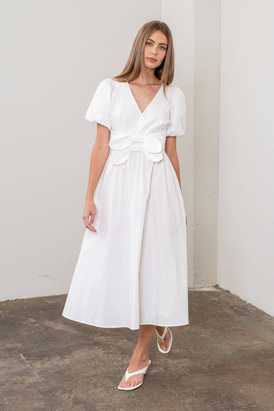 V NECK PUFF SLEEVE FRONT BOW DETAIL MIDI DRESS