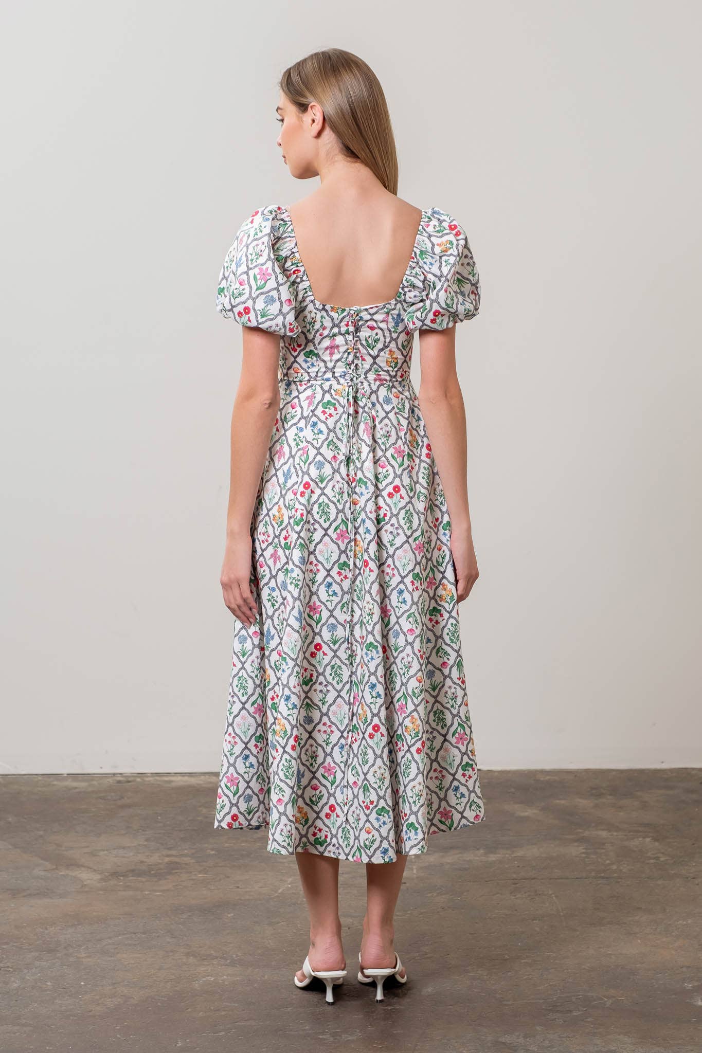 FLORAL BOUQUET PUFF SLEEVE CORSET MIDI DRESS