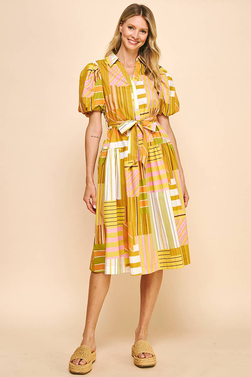 PRINT SS MIDI DRESS - YELLOW MULTI
