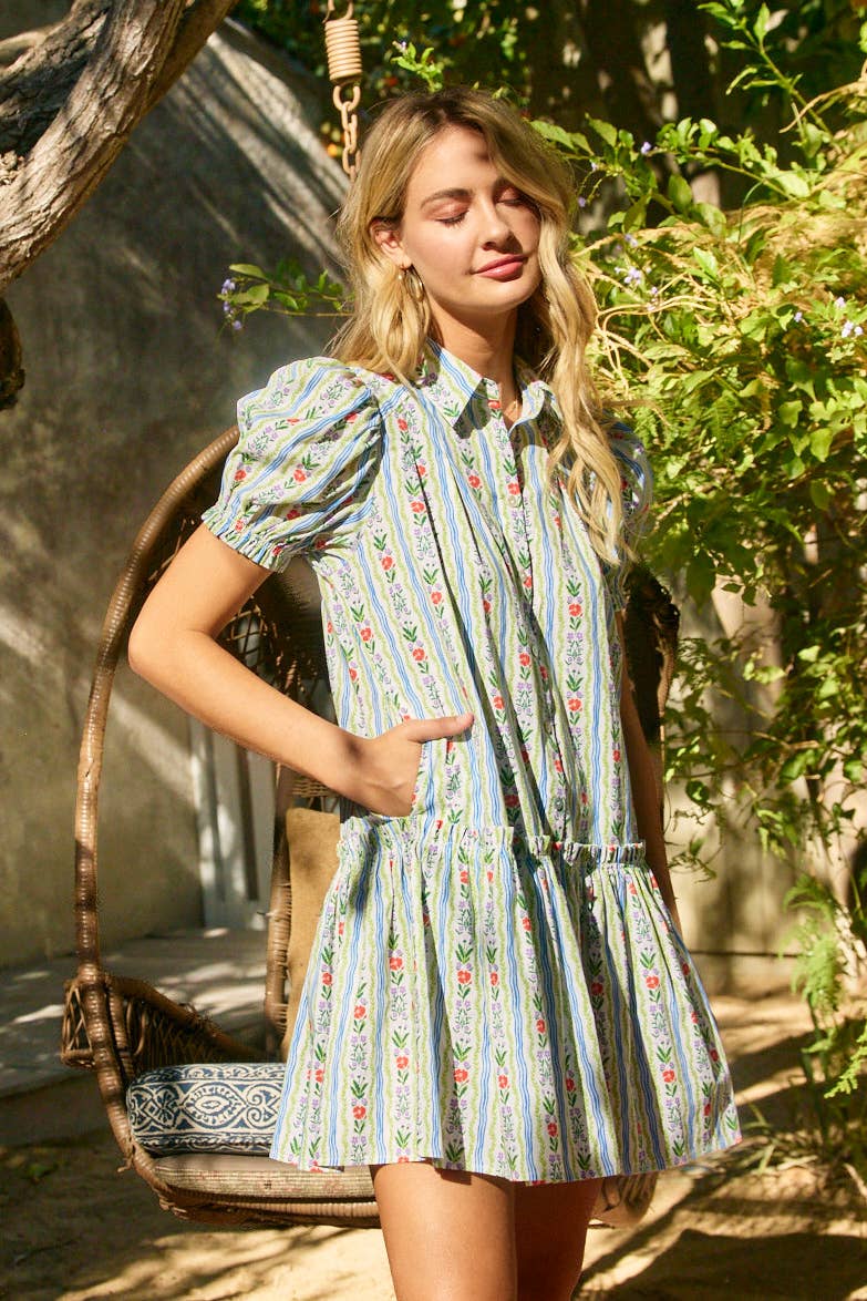 FLORAL BUTTON DOWN MINI DRESS - 6019D