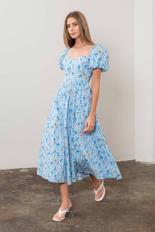 FLORAL BOUQUET PUFF SLEEVE CORSET MIDI DRESS