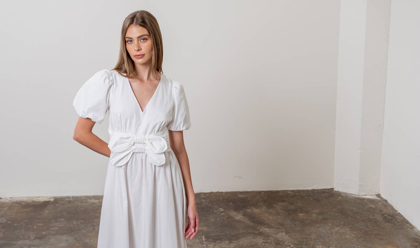 V NECK PUFF SLEEVE FRONT BOW DETAIL MIDI DRESS