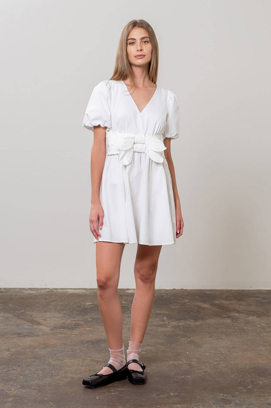 PUFF SLEEVE FRONT BOW DETAIL MINI DRESS