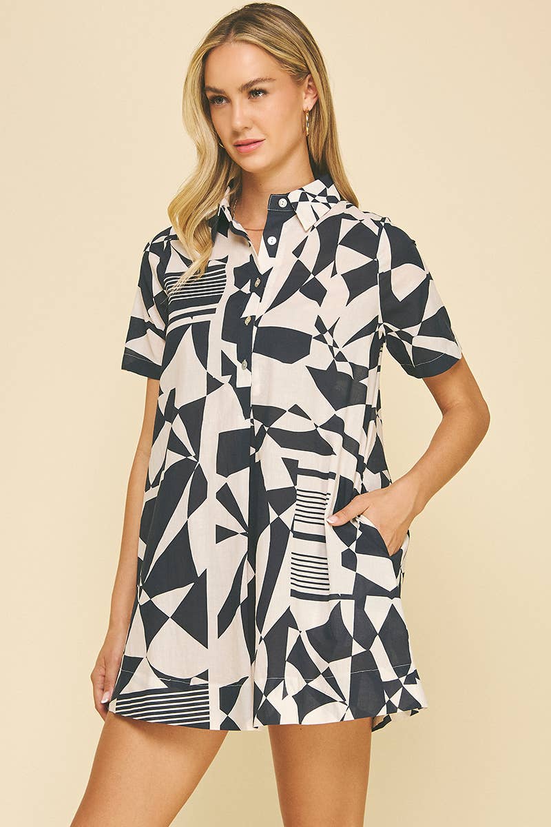 PRINT BUTTON DOWN MINI DRESS - 5703D