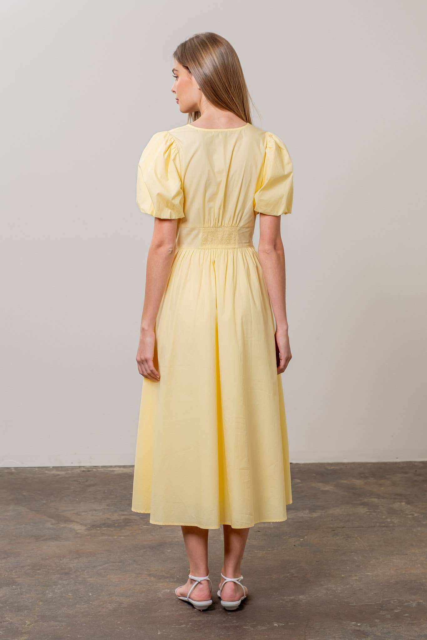 V NECK PUFF SLEEVE FRONT BOW DETAIL MIDI DRESS