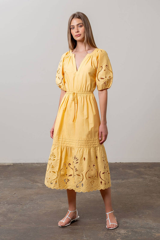 EYELET DETAIL WAIST TIE MIDI DRESS