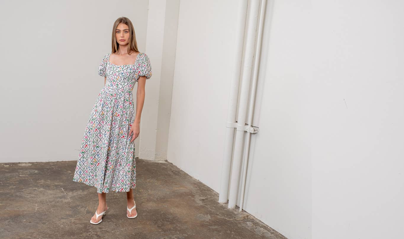 FLORAL BOUQUET PUFF SLEEVE CORSET MIDI DRESS