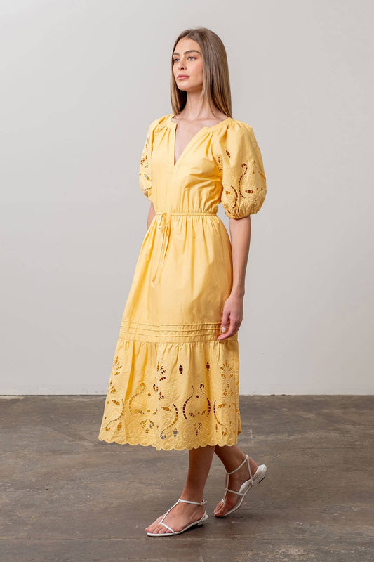 EYELET DETAIL WAIST TIE MIDI DRESS