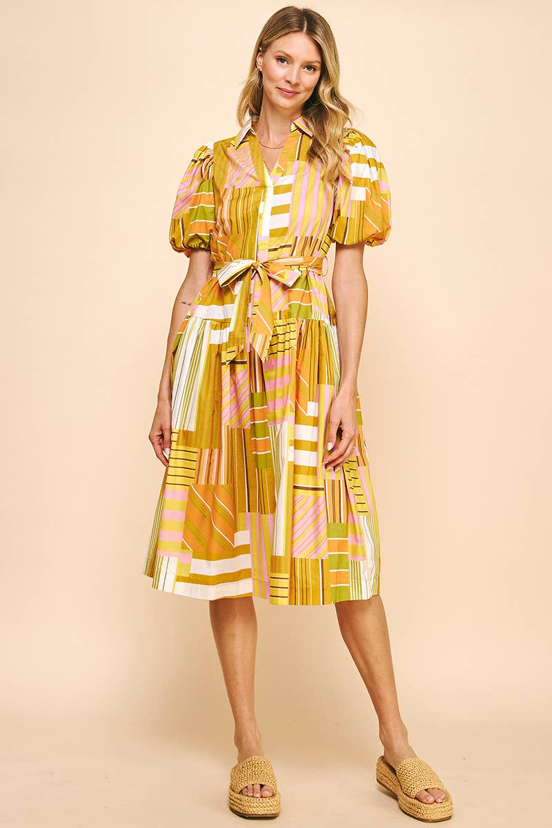 PRINT SS MIDI DRESS - YELLOW MULTI