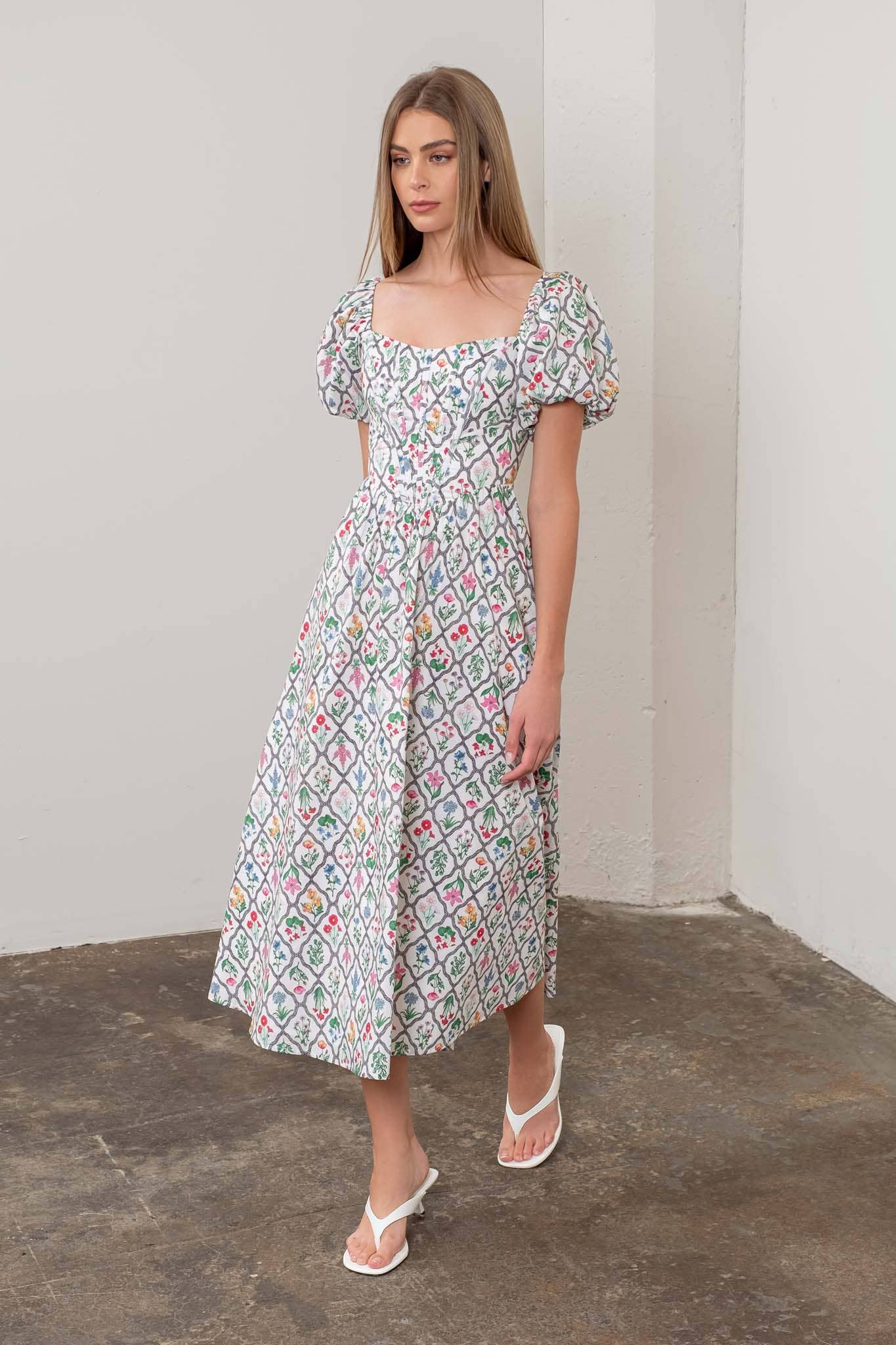 FLORAL BOUQUET PUFF SLEEVE CORSET MIDI DRESS