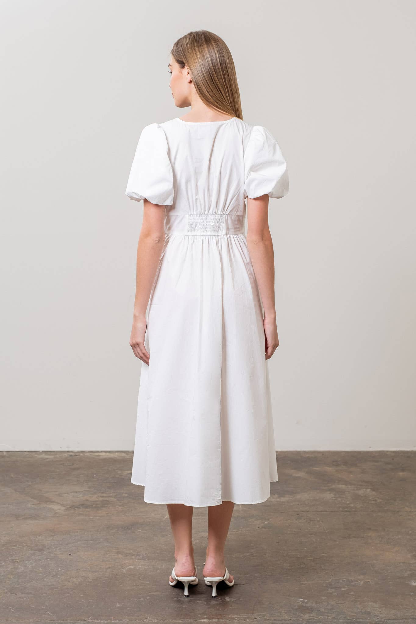 V NECK PUFF SLEEVE FRONT BOW DETAIL MIDI DRESS