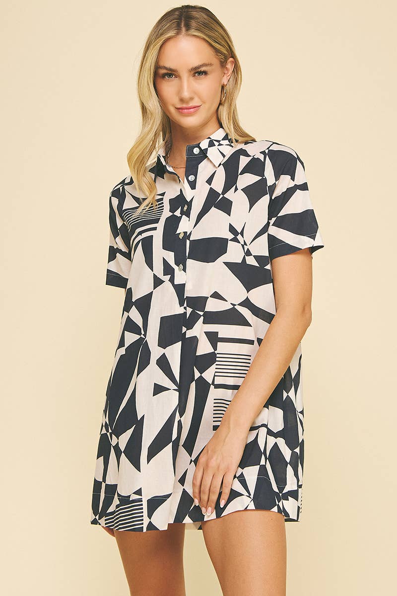 PRINT BUTTON DOWN MINI DRESS - 5703D
